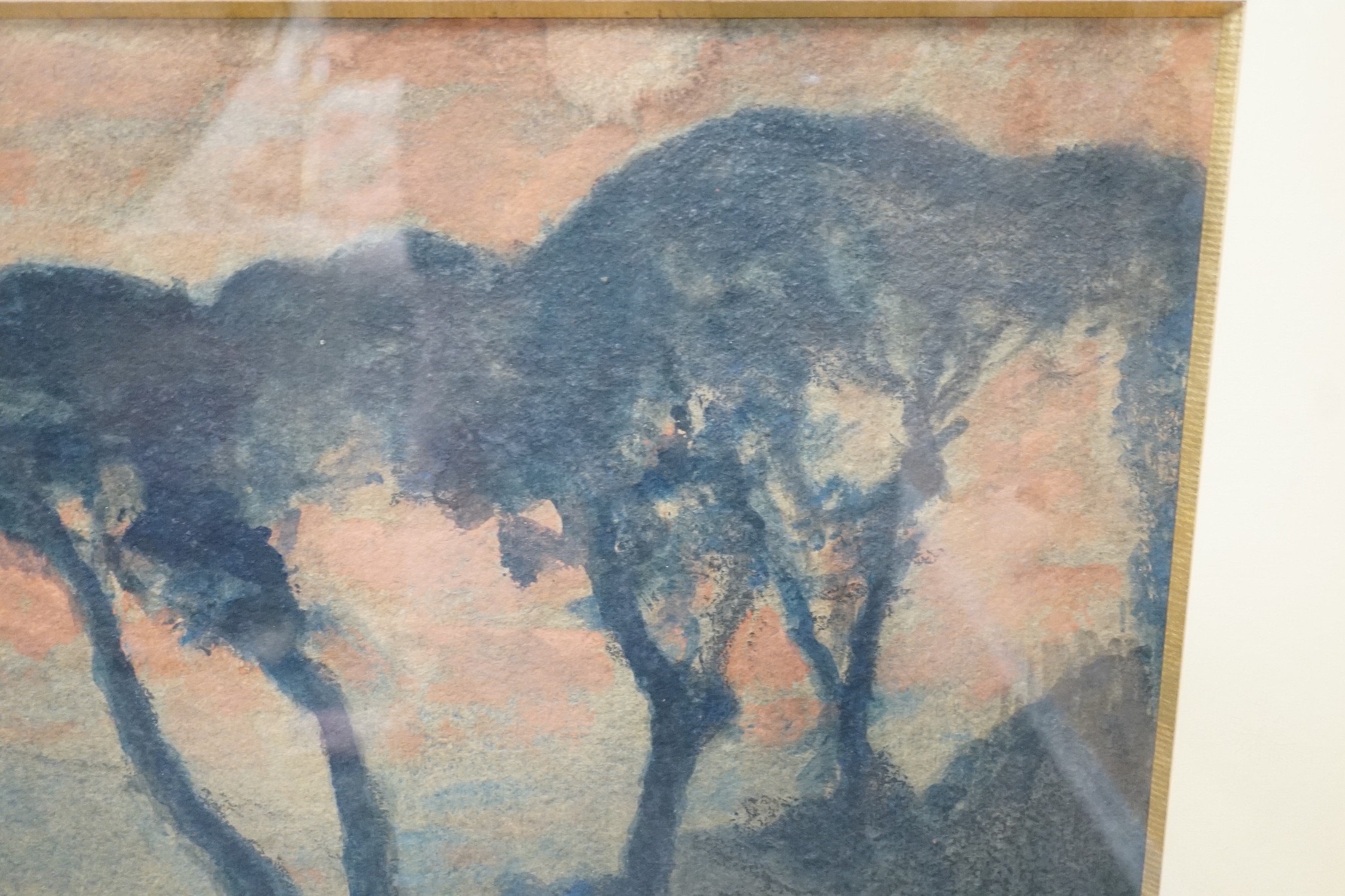 Attributed to Jean-Francis Auburtin (1866-1930), watercolour, ‘Arbes Au Soleil Couchant’, Galerie De la Poste label verso, 34 x 50cm